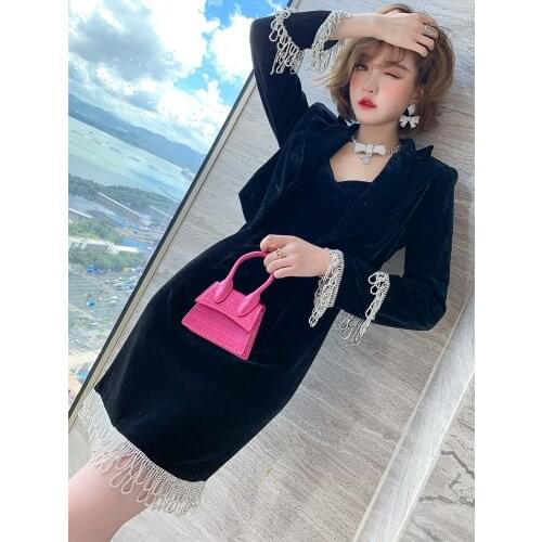 Temperament lapel diamond tassel sleeve jacket + velvet suspender skirt two-piece womens 2020 autumn and winter new
