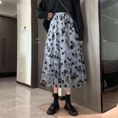 2021 Summer Loose Oversized Skirt Slim Fits Mesh Floral Pattern Comfortable Pleated Women A-line Skirts