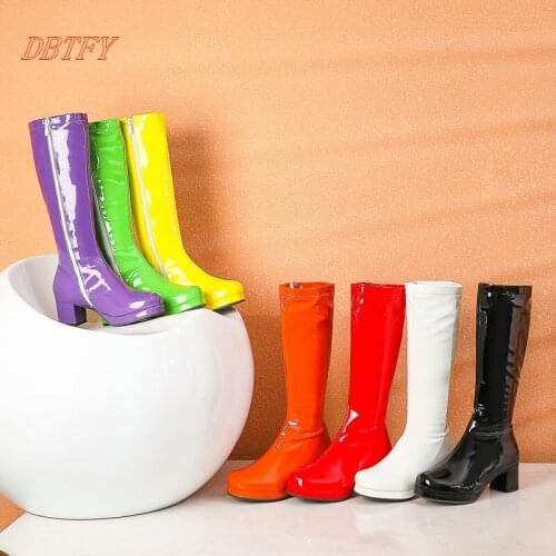 Cute Candy Color Patent Leather Women Knee High Boots Square Heel Round Toe Platform Shoes Fashionable Zipper Autumn Winter Boot
