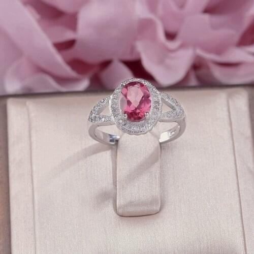 Fine Jewelry 100% S925 Silver Rings For Women 8*6mm Topaz Natural Oval Pink Gemstone Adjustable Ring White Gold Color R-TO021