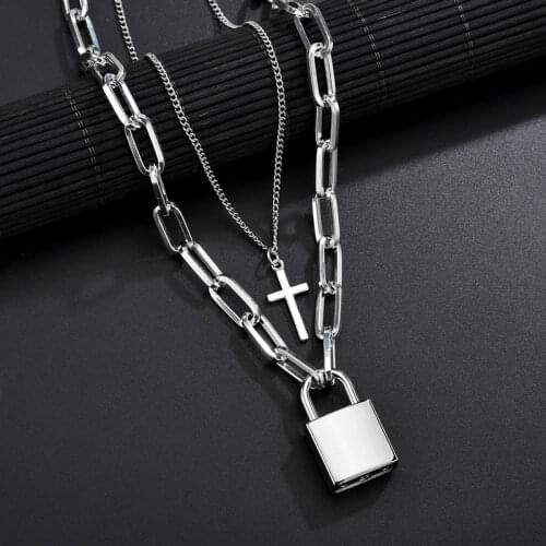 Fashion Personality Multilayer Cross Lock Pendant Necklaces for Women Hip Hop Long Silver Color Chain Necklaces Female Jewelry