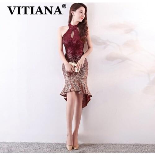 VITIANA Women Sequined Halter Sexy Party Dress Female Sleeveless Host Elegant Bodycon Dresses Femme Backless Banquet Vestidos