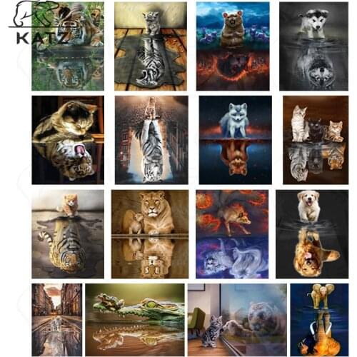 Animal Reflection Art Diamond Painting Cross Stitch Modern Cute Ferocious Animal Diamond Mosaic Embroidery Gift Home Decoration