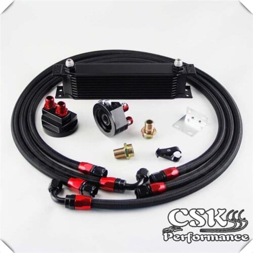 10 Row 248mm AN8 Universal Engine Transmission Oil Cooler British Type + Filter Adapter Kit Black/Blue