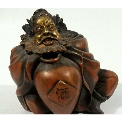 6" Old China Fengshui Red Copper Gilt Evil spirits Zhong Kui drink Wine Statue