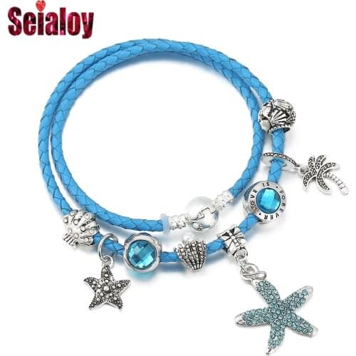 Bohemia Ocean Style Leather Bracelets For Women Men Scallop Crystal Beads Starfish Pendant Tree Charm Bracelet Boy Girls Gifts