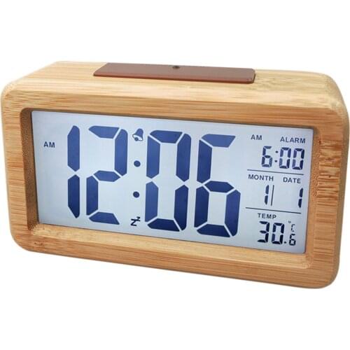 Wooden Digital Alarm Clock Smart Sensor Night Light Electronic Clocks Battery Operated Clocks for Home Bedroom