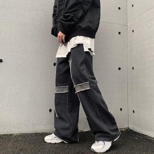High street Harajuku Cross Frayed Washed Retro Jeans Pants Men and Women Elastic Waist Wide Len Casual Denim Trousers Oversize