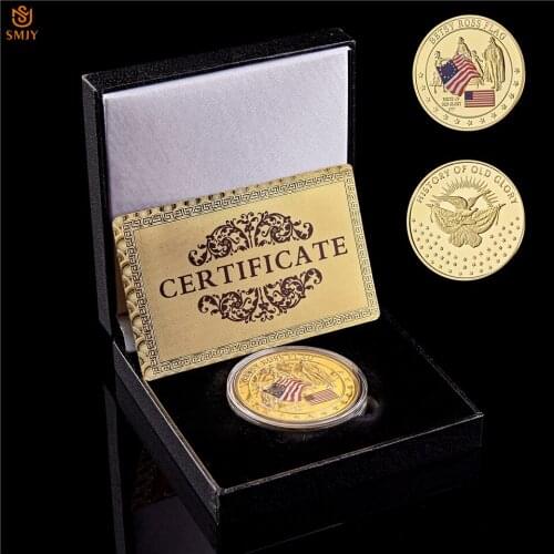 1777 USA Betsy Ross Flag Birth Of Old Glory Historical Gold Plated/Silver Challenge Souvenir Coin Value W/Black Display Box