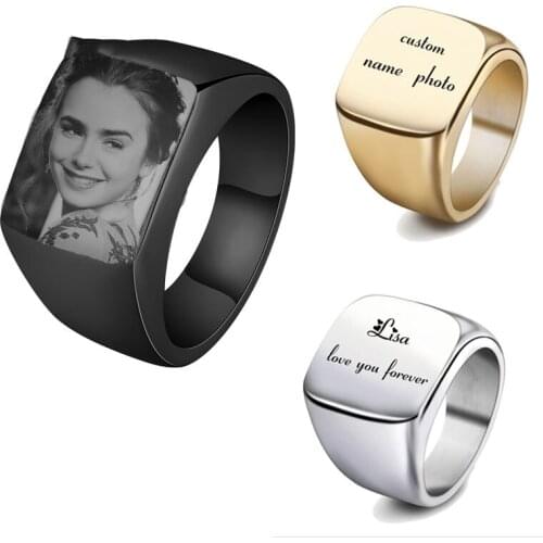 High Quality Custom Engraved Names Photo Rings Stainless Steel Personalized Family Couple Engagement Wedding Jewelry Presents