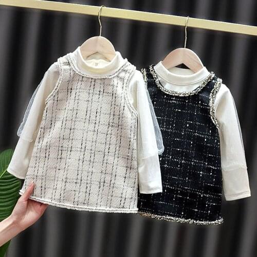 Sweet Spring Girls Kids Princess Plaided Overall Dress+Long Sleeve Tops Blouse 2pcs Children Baby Infants Clothes Set S12118