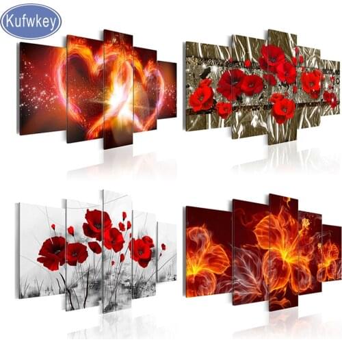 Red Flora diamond painting 5 Panel diamond embroidery mosaic picture of rhinestones cross-stitch home decoration Multi-pictures
