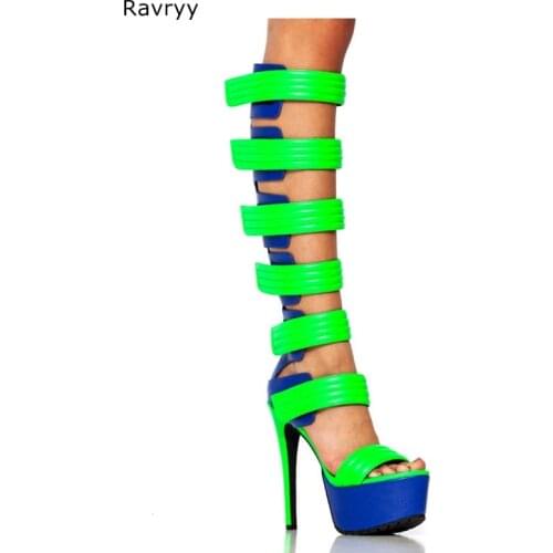 Summer woman green blue mixed long sandal boots multi hook&loop design platform heel female Gladiator boot party club model show