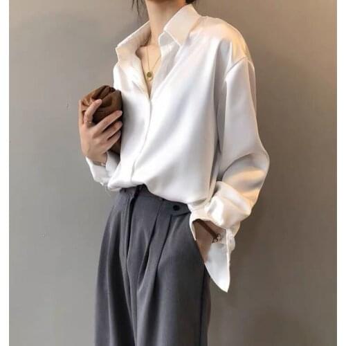 Fashion Button Up Satin Silk Shirt Tops Vintage Blouse Women White Lady Long Sleeves Womens Loose Street Blusas Shirts Femme