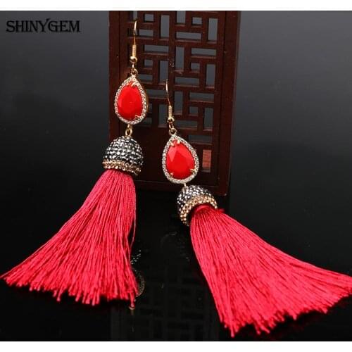 ShinyGem Fashion Bohemian Long Drop Tassel Crystal Earrings Micro Inlay Rhinestone Pendant Colorful Dangle Earrings For Women