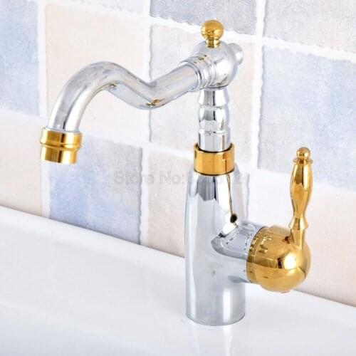 Polished Chrome & Gold Color Brass Bathroom Vessel Sink Faucet Single Handle Swivel Spout Mixer Tap Single Hole tsf816