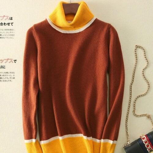 Pullover Womens New Contrasting Color Sweater Autumn Winter British Style Loose High Collar Pullover Bottoming Sweater Casual