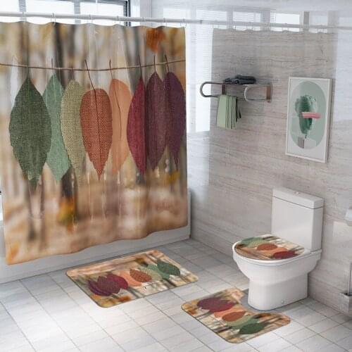 High Quality Colorful Tree Leaf Pattern Shower Curtain Anti Slip Rug Lid Toilet Cover Bath Mat Set Bathroom Curtains Home Decor