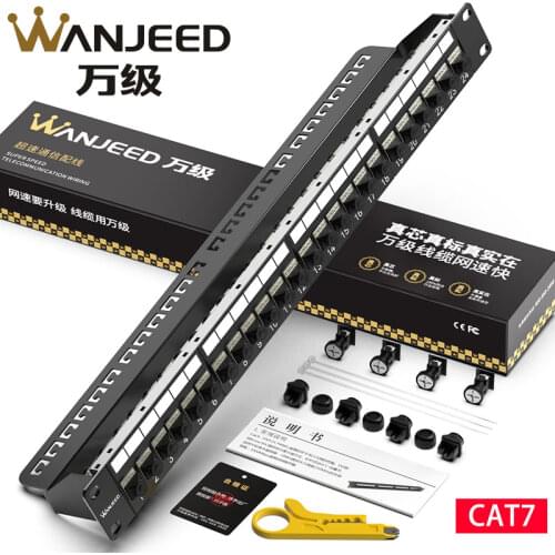 WANJEED Patch panel 24 Port CAT6A CAT7 CAT7A CAT8 Keystone Jack FTP Metal Shielded 19 Inch Rack RJ45 Patch Panel