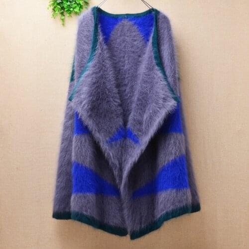 Ladies women fashion colored hairy mink cashmere knitted long sleeves suit collar cardigan mantle angora fur jacket coat sweater