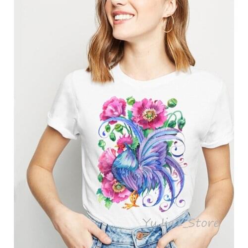 Watercolor Flowers Blue / Water Rooster tshirt women kawaii clothes animal print tumblr t shirt femme streetwear Free Shiping