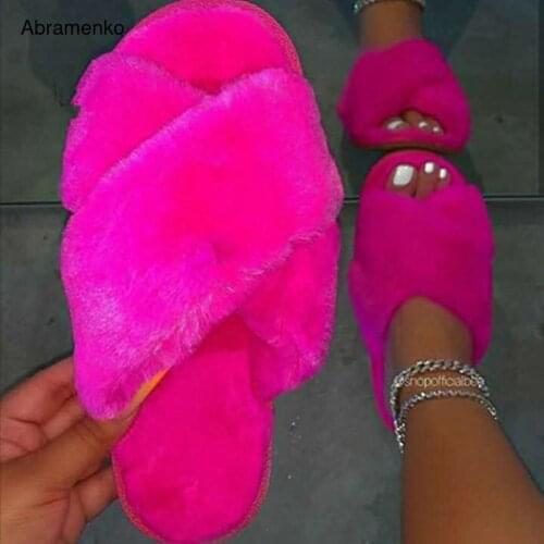 Women Fur Flips Flops Winter Warm Cross Open Toe Shoes Woman Slippers Fashion Female Slides Shoes Woman Flat Slippers Size 36-43