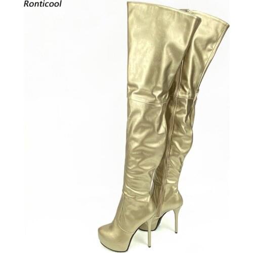 Ronticool Handmade Women Winter Thigh Boots Side Zipper Stiletto Heels Round Toe Light Gold Silver Club Shoes Women Us Size 5-20