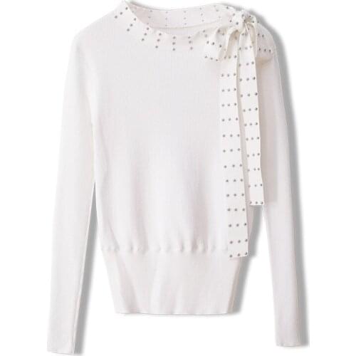 Spring Fall Women Knitted Sweaters Elegant Lady Black Tops Beaded Bowknot Decorated Pullover Long Sleeve Outerwear Korean Jumper