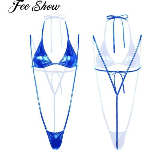Women Erotic Shiny Metallic Mini Micro Bikini Lingerie Swimsuit Halter Self-tie Bra Top and Suspender G-String Briefs Underwear