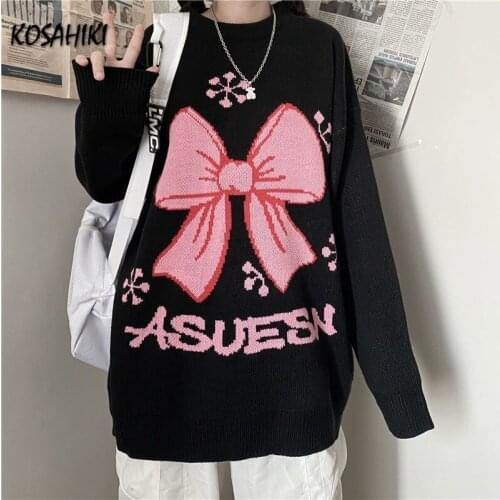 KOSAHIKI 2021 Harajuku Cartoon Print Casual Sweater Women Jumpers Loose Cute Black Spring O Neck Pull Femme Bow Tops 11a022