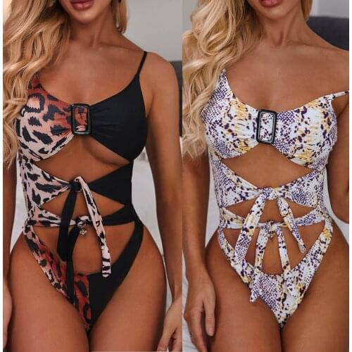 Womens Serpentine Push Up Bikini Hollow Textured Swimwear One Piece Low Waist Swimsuit Lace Slimming Leopard Hot Bathing Suits