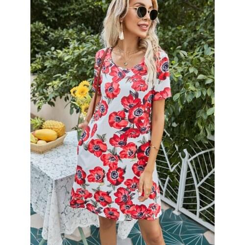 Floral Print Womens Mini Dress Slim Fit O Neck Double Pocket Short Sleeve Dresses Summer Beach Vacation Ladies Vestidos 2021