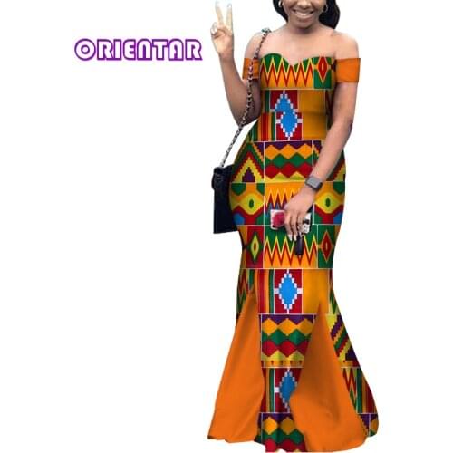 Fashion Ankara Dresses Women Slash Neck African Wax Print Dress Bazin Riche African Clothes for Women Evening Party WY3654