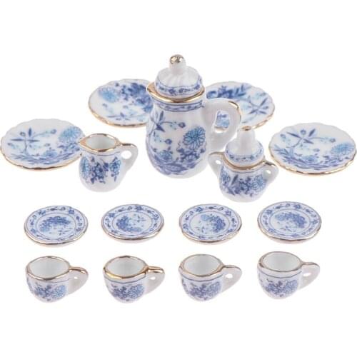 15Pcs 1:12 Dollhouse Miniature Tableware Porcelain Ceramic Tea Cup Set For Dollhouse Decals New