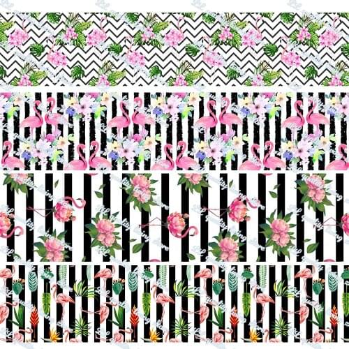 16-75MM Flowers&Flamingo Printed Grosgrain Ribbon 50 Yards/Roll Tape Clothing Bakery Gift Wrapping Accessory Hairbow Head