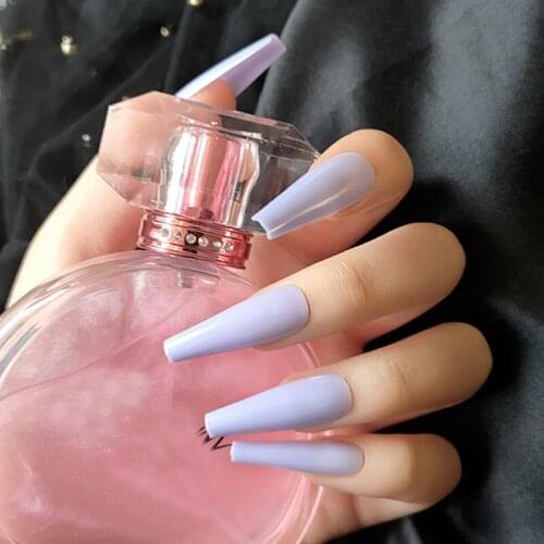 24pcs/box Full Cover Light Purple Long Coffin Nails Detachable False Nail Tips With Glue Press On Nails Art Fake Nails Stickers
