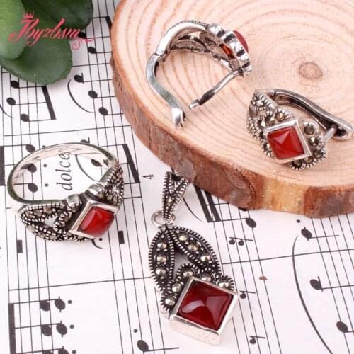 5mm Square Crystal Agates Shell Stone Inlaid Marcastie Tibetan Silver Fashion Jewelry Pendant Earrings Ring 1 Set,Free Shipping