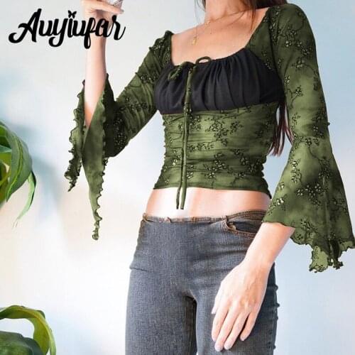 Auyiufar Retro Renaissance Ruch Milkmaid Crop Top Ruffles Flare Sleeve Fairy Grunge Green T Shirts Y2K Mesh Tight Patchwork Tops