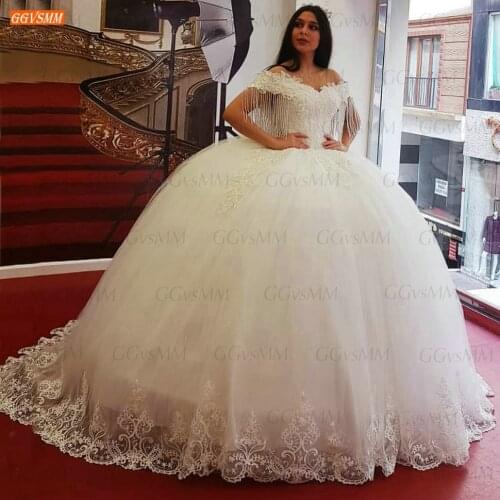 Ball Gown White Wedding Dresses Off Shoulder Lace Up vestido de noiva 2021 Appliqus Beading Bridal Dress fluffy abito da sposa