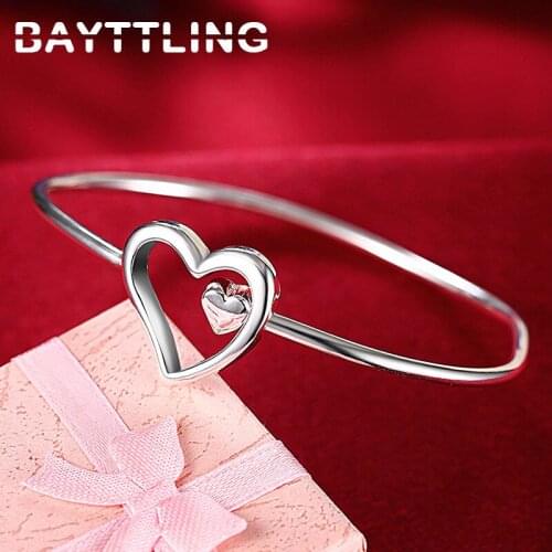 BAYTTLING New 925 Sterling Silver Fine 2 Heart Shaped Bangle For Woman Fashion Wedding Gift Glamour Jewelry