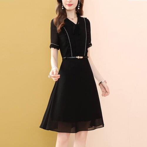 Only Plus Hepburn Black V-Neck Dress Office Lady Work Dresses Ruffle Short Sleeve Fashion Sashe A-Line 2021 Dress New