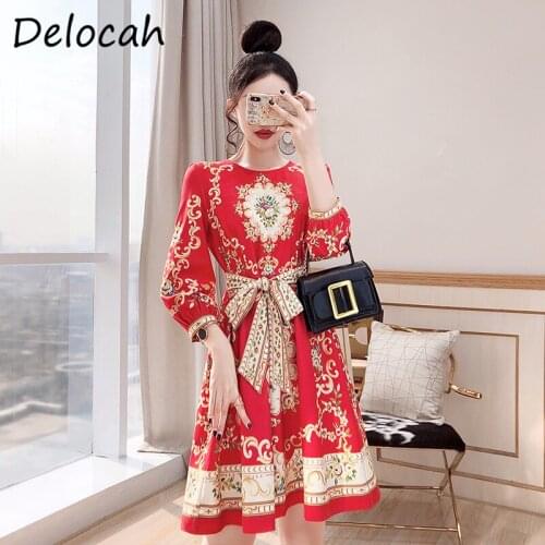 Delocah New 2021 Women Summer Fashion Runway Party A-Line Dress Sashes Crystal Beading 3/4 Sleeve Vintage Print Short Dresses