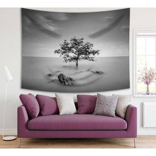 Tapestry A Tree and Rocks Fog Covered Land Horizon Monochromic Nature Scenery Black Gray