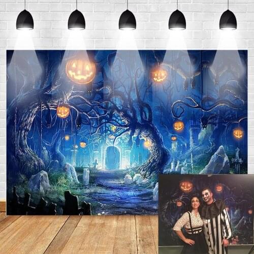 Halloween Backdrop Horror Forest Pumpkin Lantern Graveyard Background Halloween Party All Saints' Day Ghost Photography Backdrop