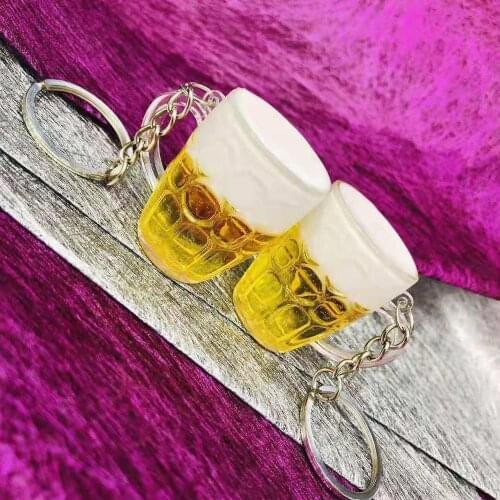 Simulation beer mug key chain car school bag pendant key ring creative small gift