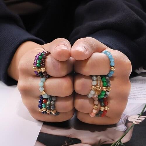 YIZIZAI Bohemian Gold Beads Ring for Men Tibetan Natual Coloful Stone Adjustable Rings Good Luck Party Gifts Women Girl Jewelry