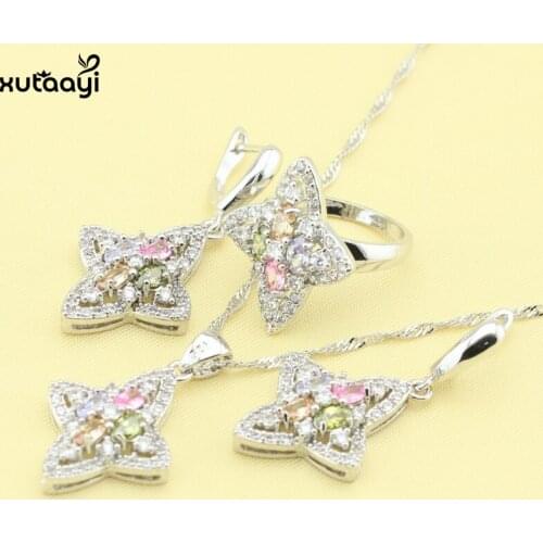 XUTAAYI Sterling Silver color Overlay Jewelry Sets Multicolor Stone Classy Necklace/Rings/Earrings Wedding Jewelry For Women