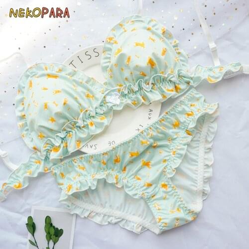 Lovely Corgi Cute Japanese Milk Silk Bra & Panties Set Wirefree Soft Underwear Sleep Intimates Set Kawaii Lolita Color Mint