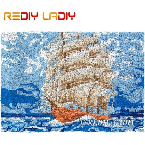 Latch Hook Rug Sailboat Scenery Plush Tapestry Kits DIY Carpet Rug Chunky Yarn Cushion Arts & Crafts Crochet Floor Mat 86*58cm