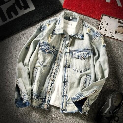 2021 Spring Korean Style New Mens Hole Fashion Denim Jackets Turn-Down Collar Single Breasted Pockets High Street Vintage Coat